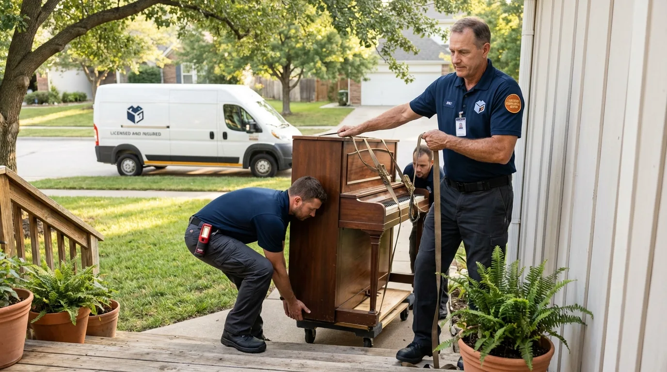 Licensed piano movers securing grand piano in Lovington, NM
