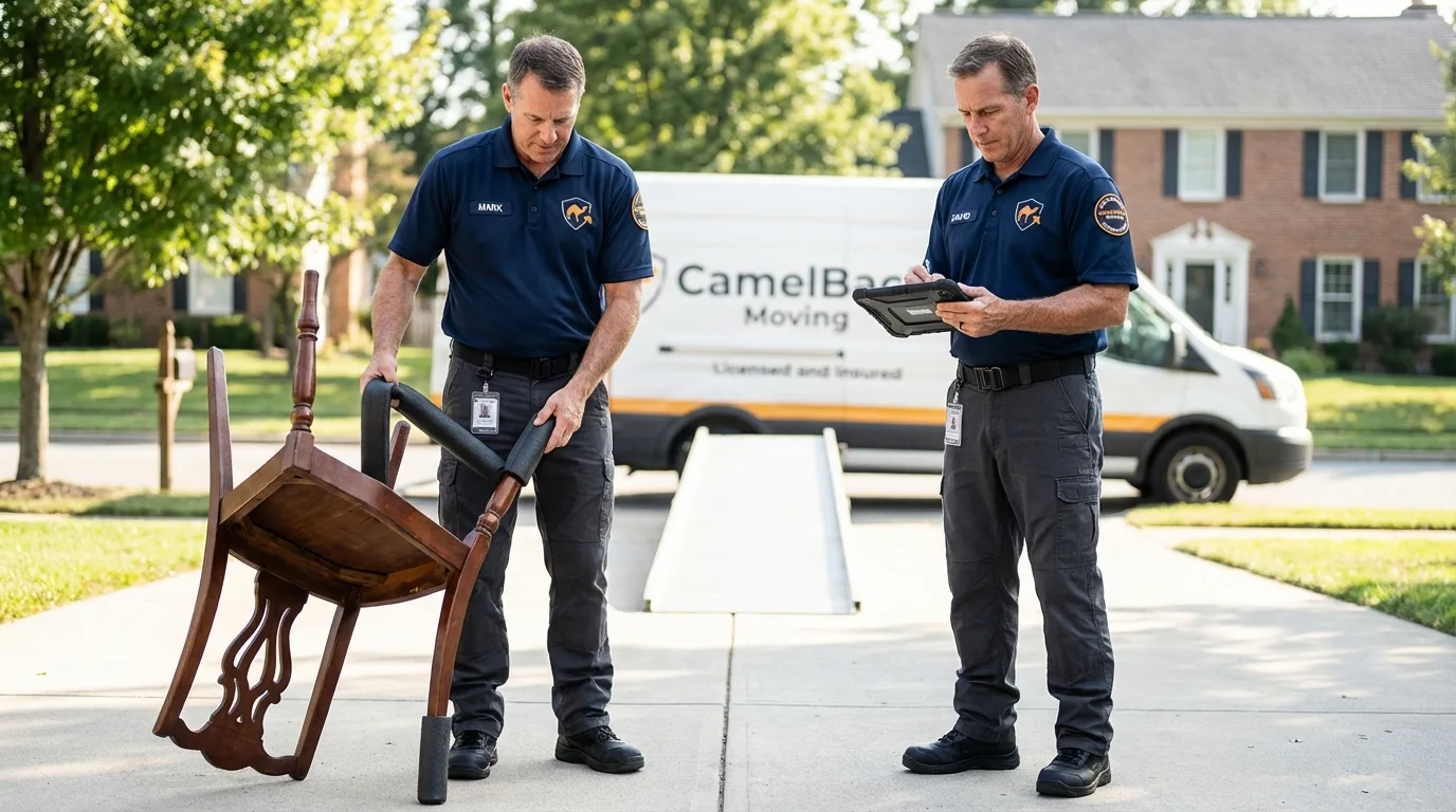 Movers inspecting furniture for damage prevention before loading in Lovington, NM
