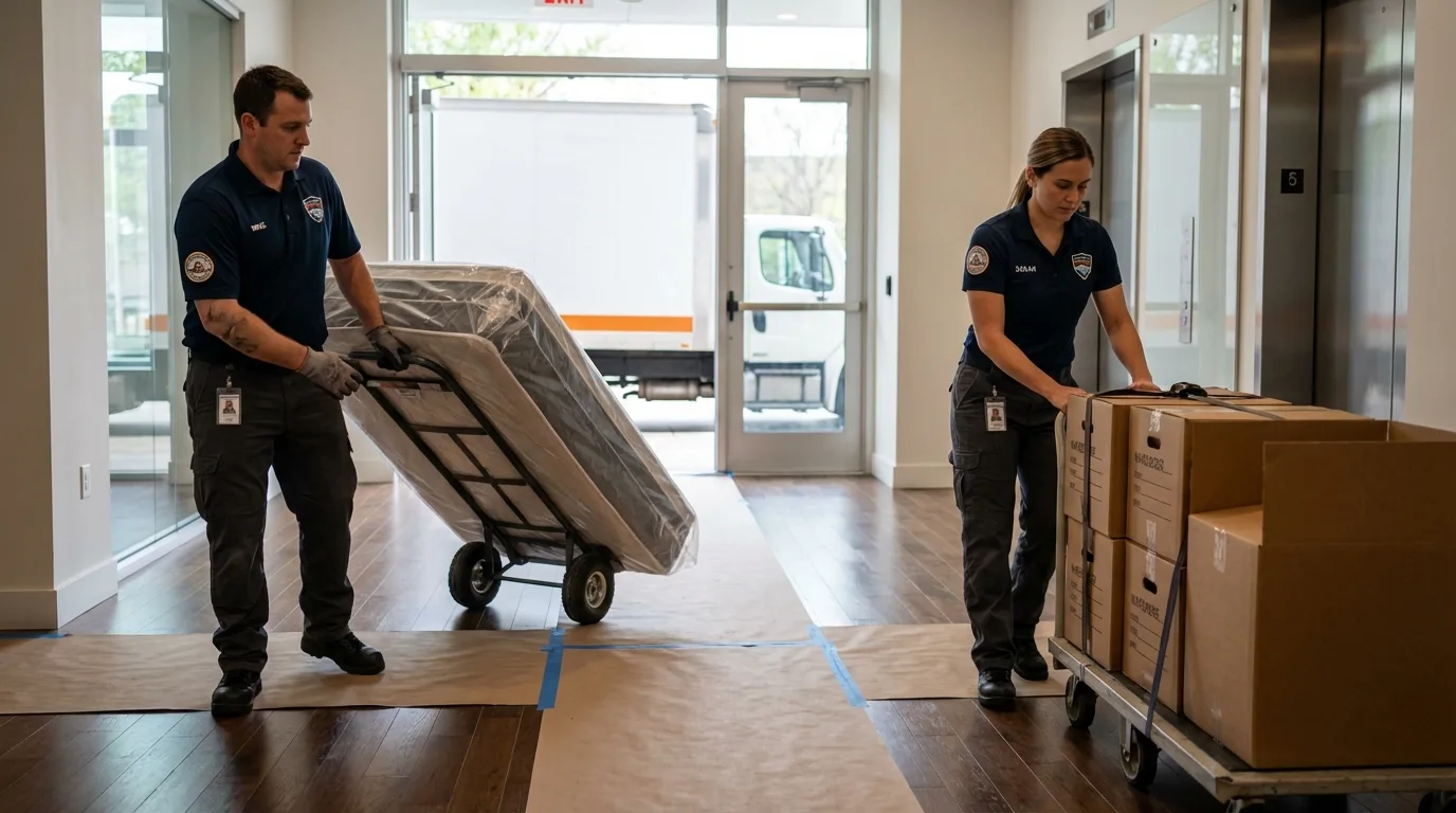 Professional apartment movers loading elevator in Lovington, NM